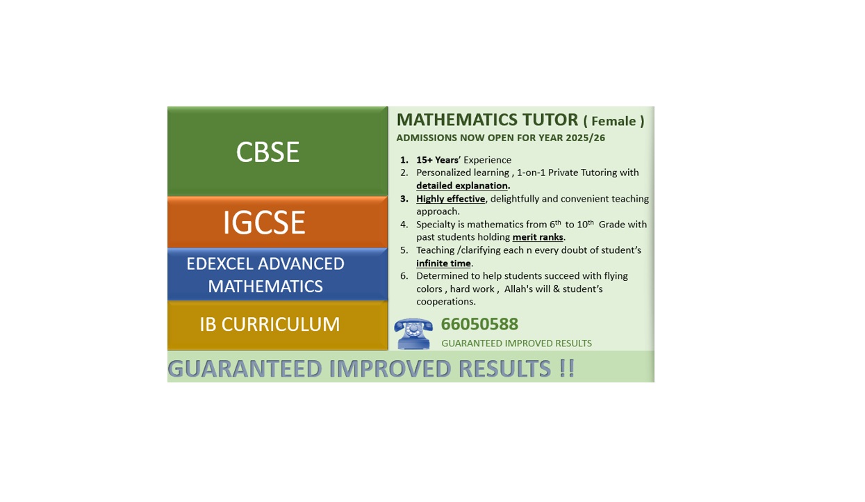 CBSE , IGCSE – Mathematics Tutor (Female)
