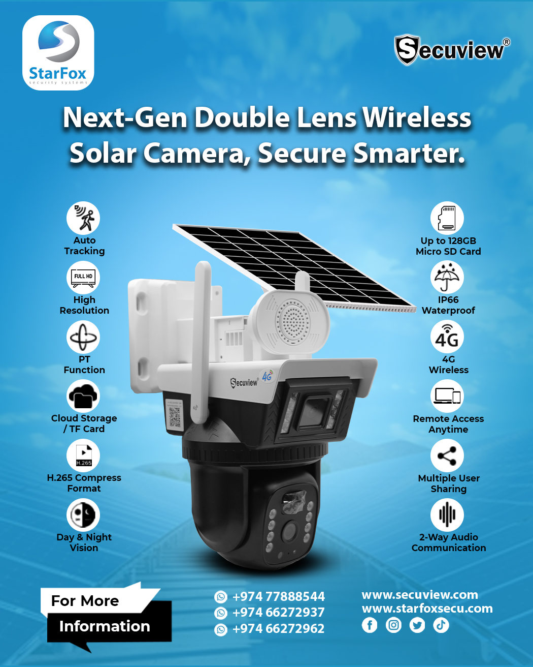 Dual Lens Solar Camera, Full HD Monitoring.