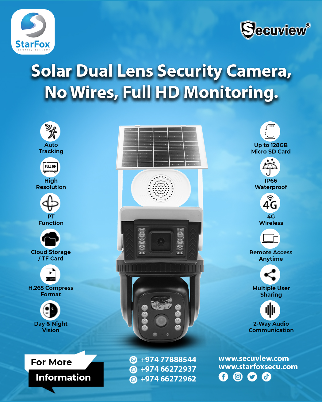 Dual Lens Solar Camera, Full HD Monitoring.