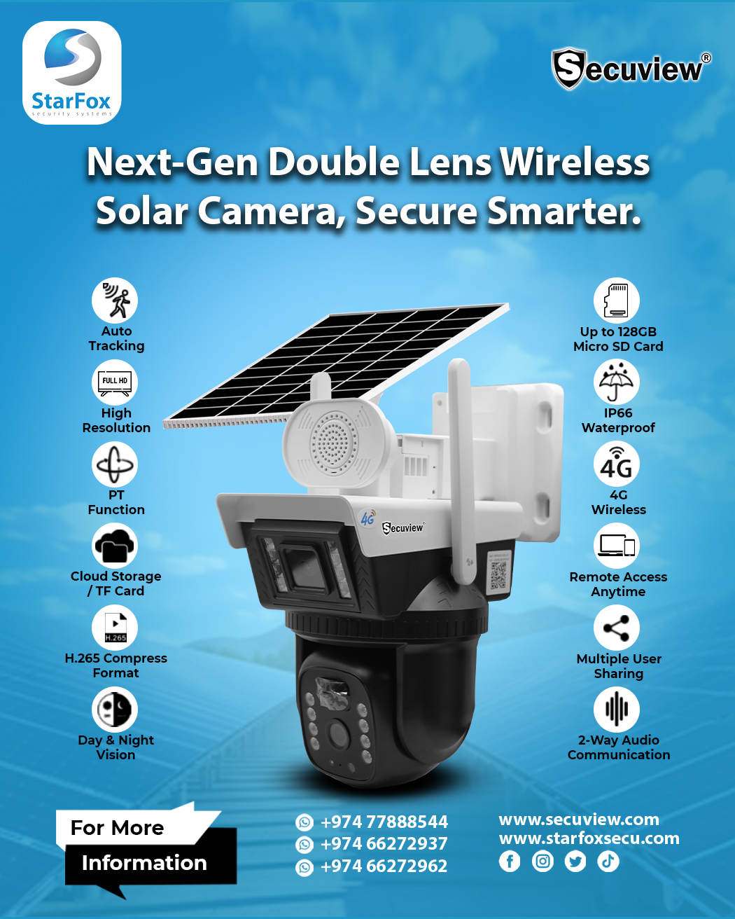 Dual Lens Solar Camera, Full HD Monitoring.
